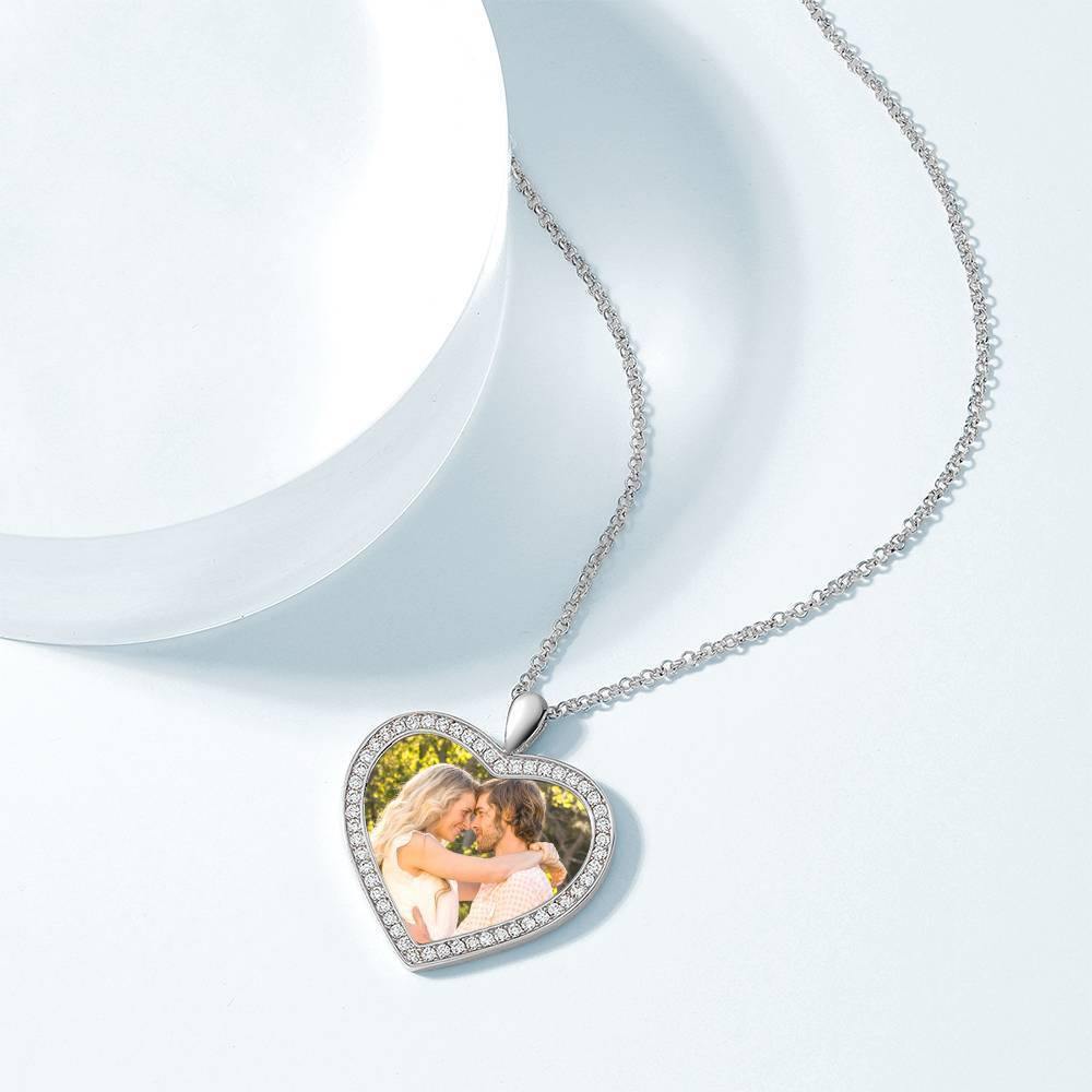 Women's Personalized Photo Engraved Necklace, Rhinestone Crystal Heart Shape Photo Necklace Platinum Plated Silver - Colorful - yournamencklaceuk