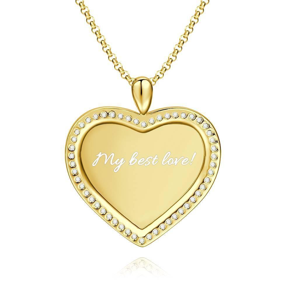 Women's Personalized Photo Engraved Necklace, Rhinestone Crystal Heart Shape Photo Necklace 14K Gold Plated Golden - Sketch - yournamencklaceuk