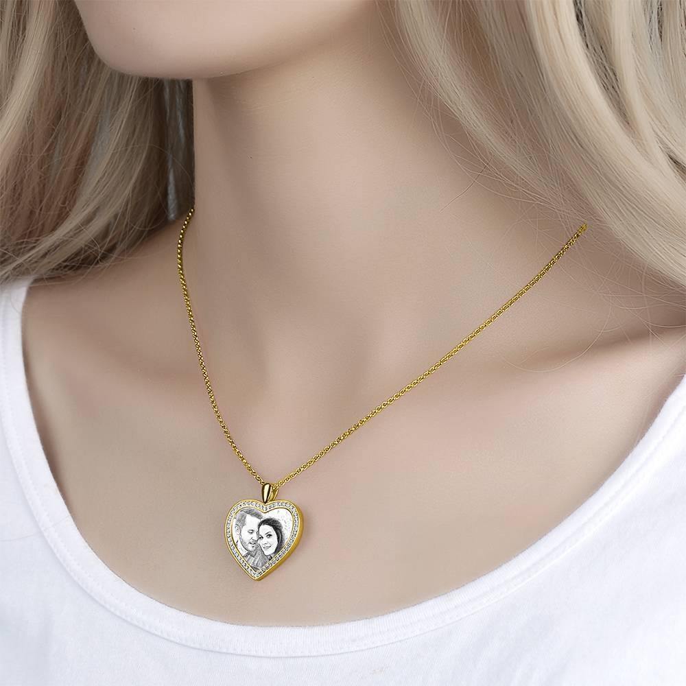 Women's Personalized Photo Engraved Necklace, Rhinestone Crystal Heart Shape Photo Necklace 14K Gold Plated Golden - Sketch - yournamencklaceuk