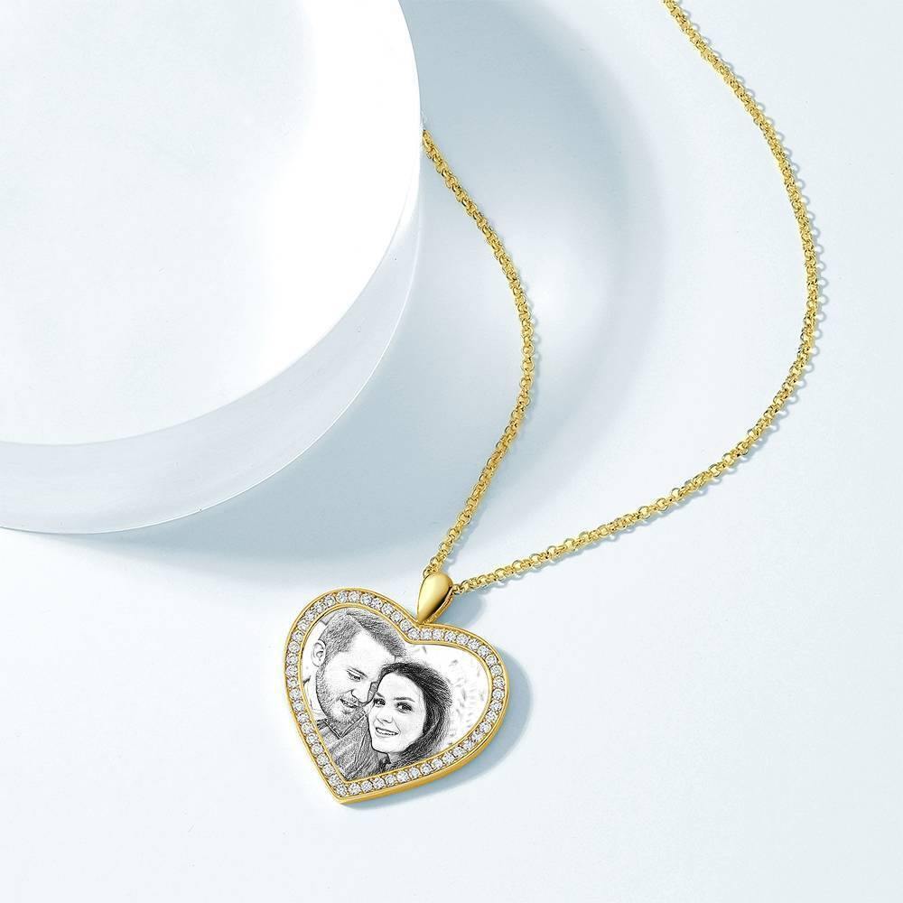 Women's Personalized Photo Engraved Necklace, Rhinestone Crystal Heart Shape Photo Necklace 14K Gold Plated Golden - Sketch - yournamencklaceuk
