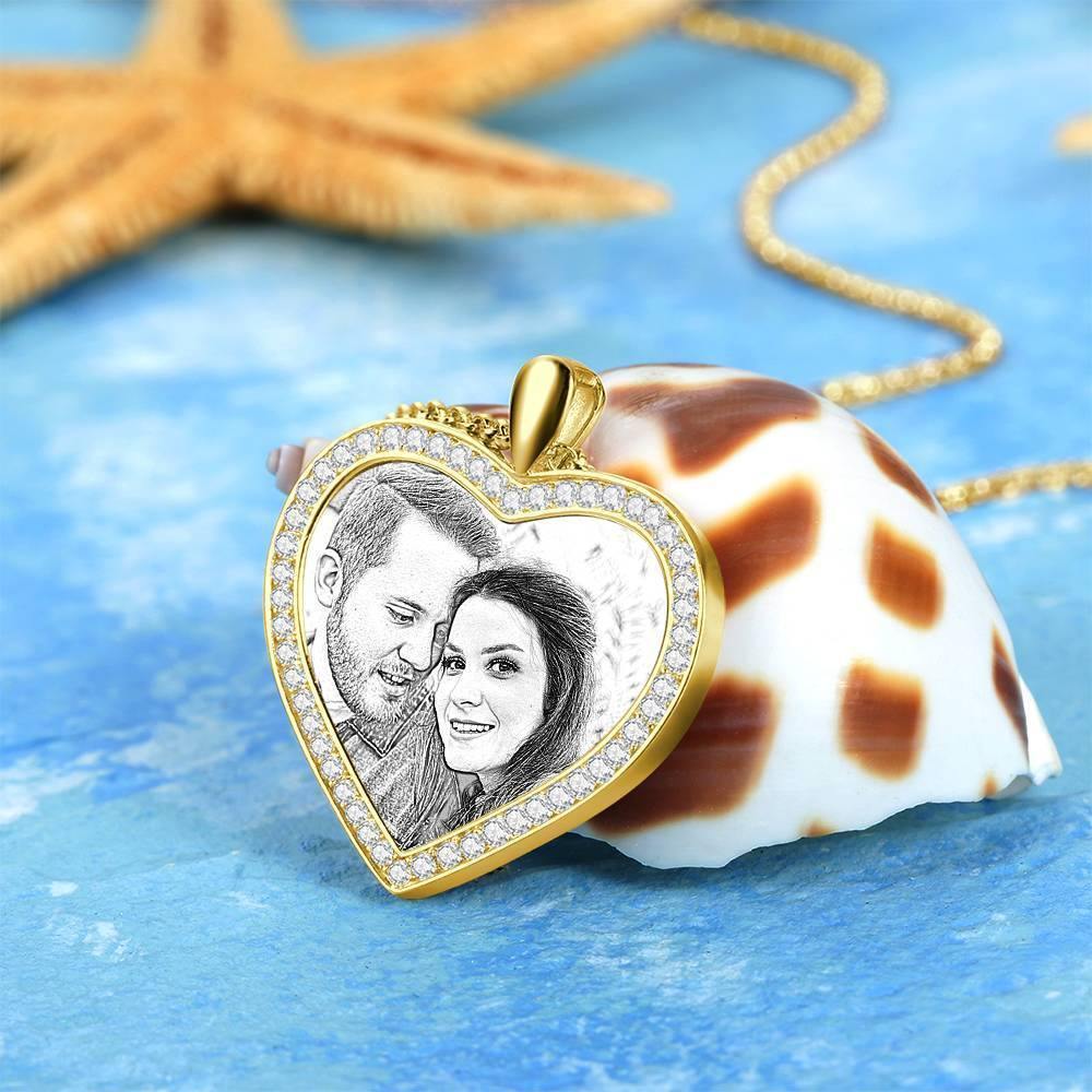 Women's Personalized Photo Engraved Necklace, Rhinestone Crystal Heart Shape Photo Necklace 14K Gold Plated Golden - Sketch - yournamencklaceuk