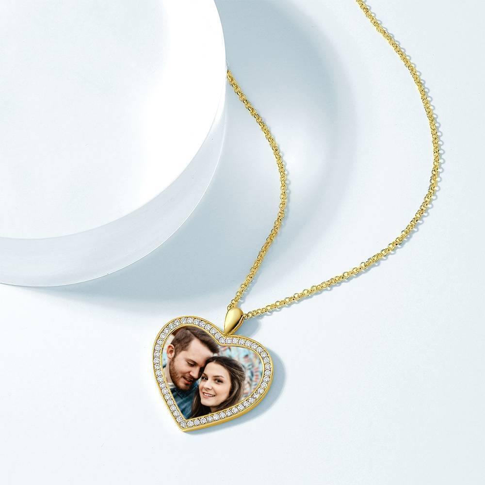 Women's Personalized Photo Engraved Necklace, Rhinestone Crystal Heart Shape Photo Necklace 14K Gold Plated Golden - Colorful - yournamencklaceuk