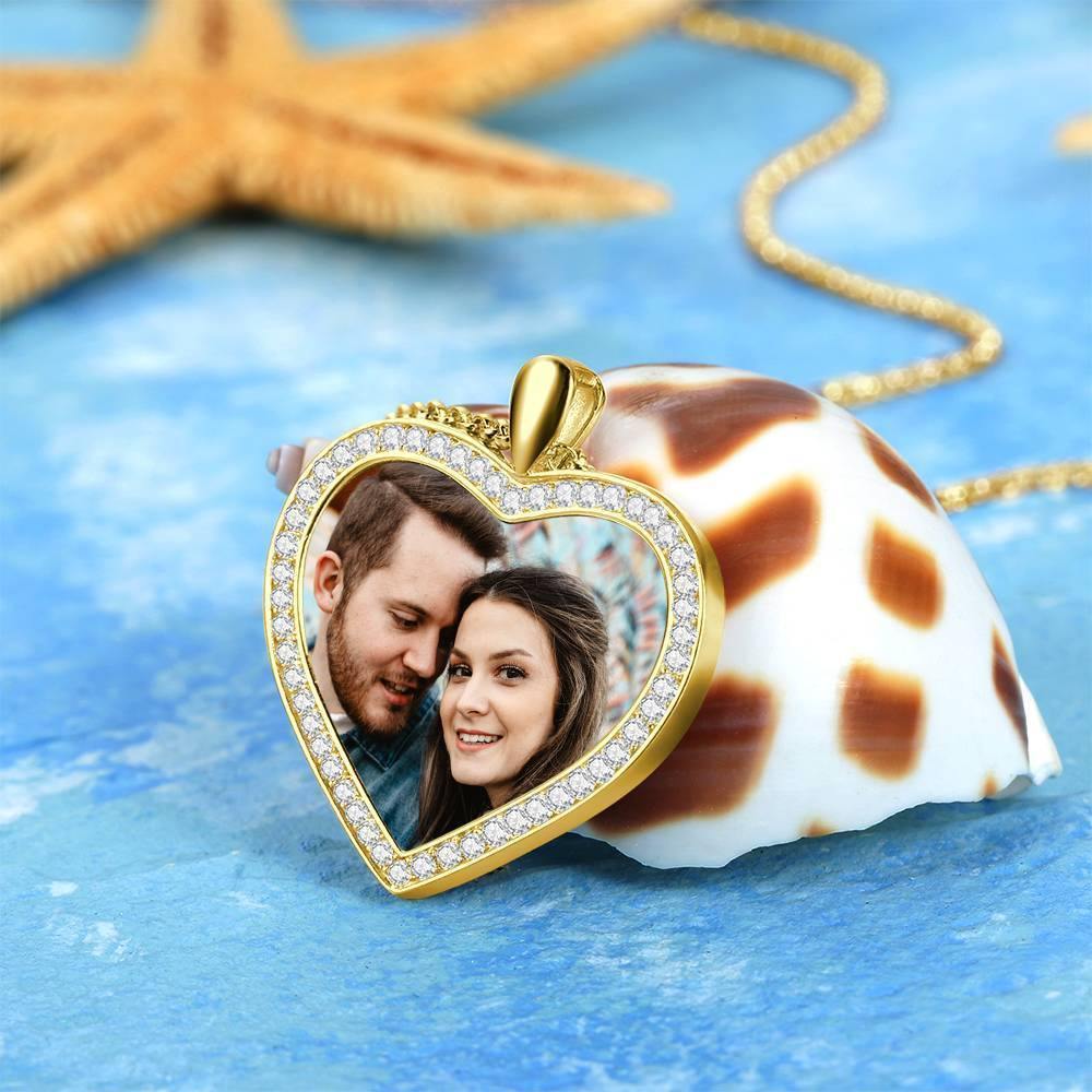 Women's Personalized Photo Engraved Necklace, Rhinestone Crystal Heart Shape Photo Necklace 14K Gold Plated Golden - Colorful - yournamencklaceuk