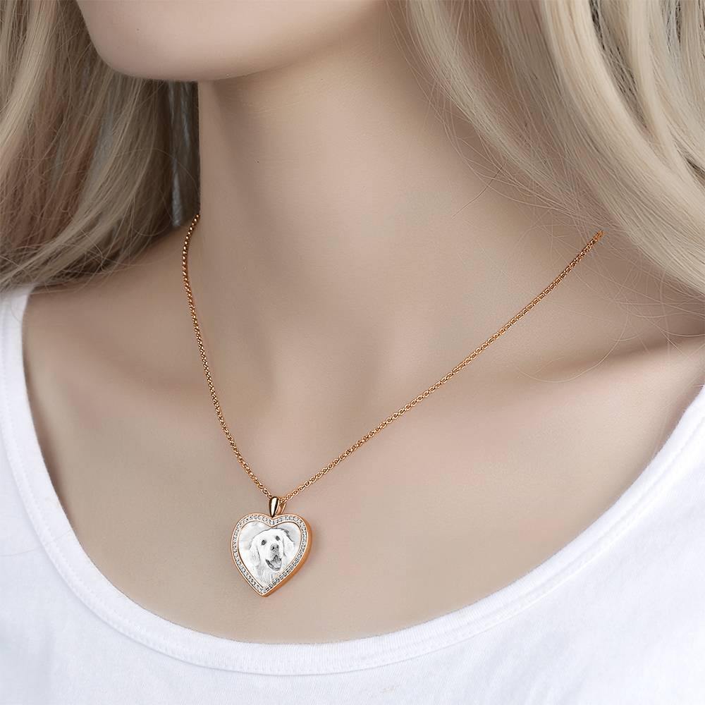 Women's Personalized Photo Engraved Necklace, Rhinestone Crystal Heart Shape Photo Necklace Rose Gold Plated - Sketch - yournamencklaceuk