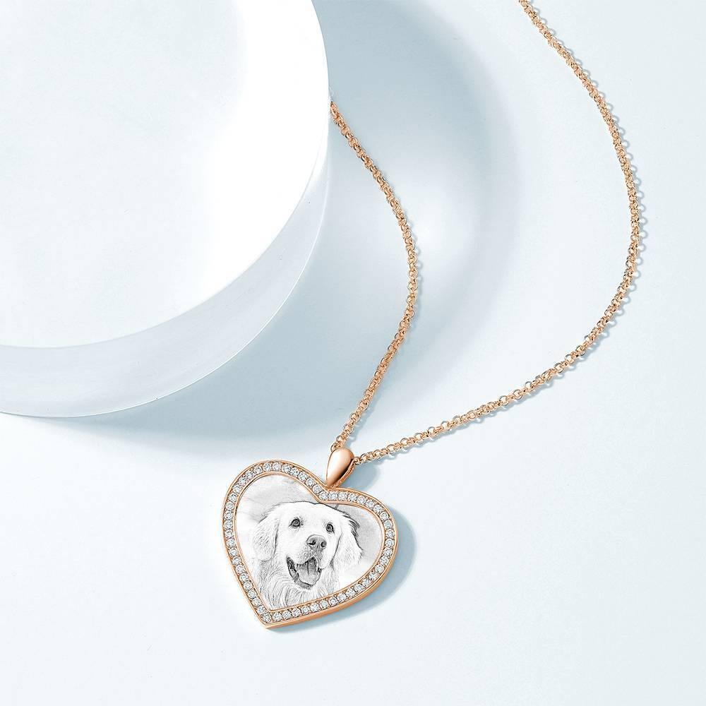 Women's Personalized Photo Engraved Necklace, Rhinestone Crystal Heart Shape Photo Necklace Rose Gold Plated - Sketch - yournamencklaceuk