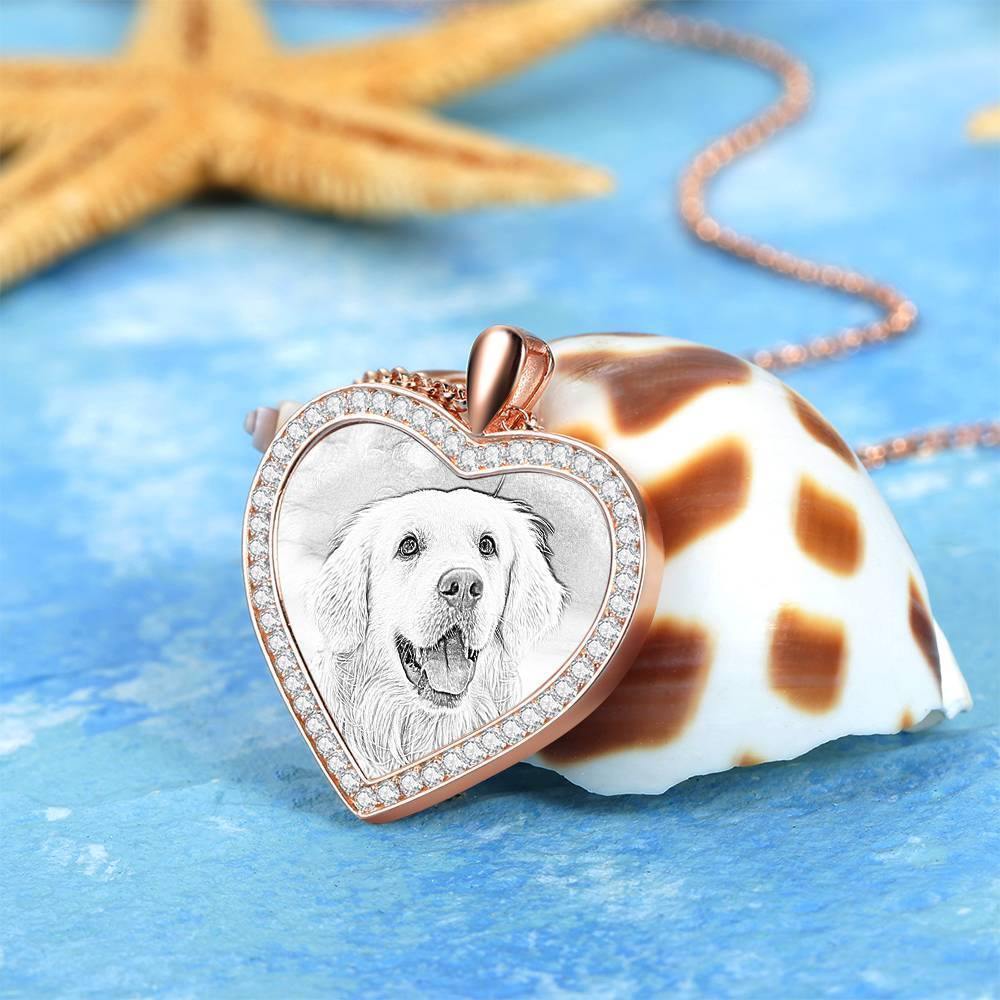 Women's Personalized Photo Engraved Necklace, Rhinestone Crystal Heart Shape Photo Necklace Rose Gold Plated - Sketch - yournamencklaceuk