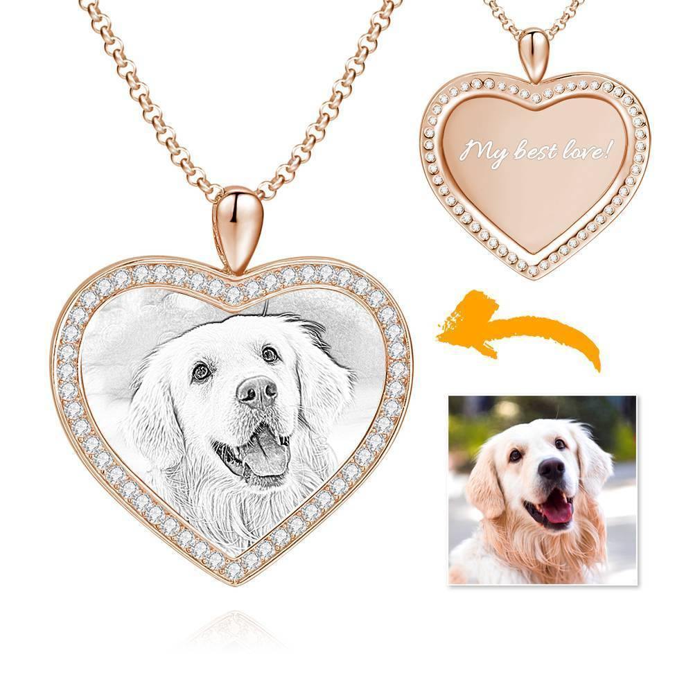 Women's Personalized Photo Engraved Necklace, Rhinestone Crystal Heart Shape Photo Necklace 14K Gold Plated Golden - Sketch - yournamencklaceuk
