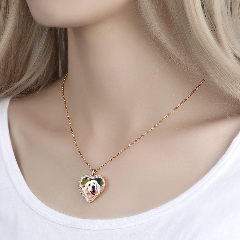 Women's Personalized Photo Engraved Necklace, Rhinestone Crystal Heart Shape Photo Necklace Rose Gold Plated - Colorful - yournamencklaceuk