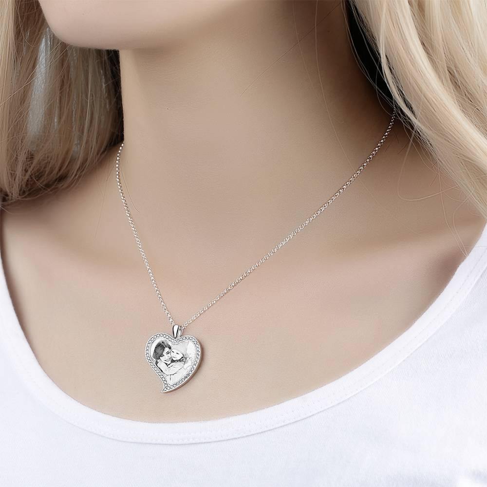 Women's Personalized Photo Engraved Necklace, Rhinestone Crystal Love Heart Shape Photo Necklace Platinum Plated Silver - Sketch - yournamencklaceuk