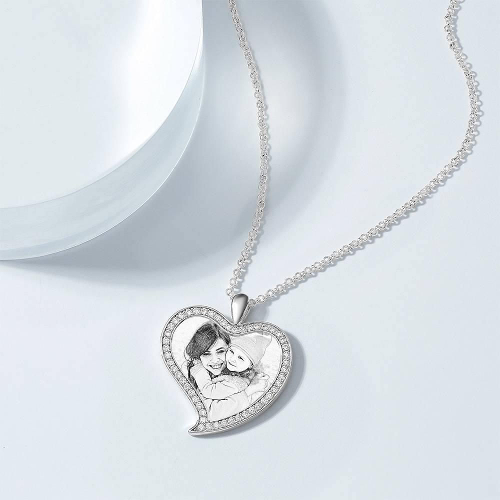 Women's Personalized Photo Engraved Necklace, Rhinestone Crystal Love Heart Shape Photo Necklace Platinum Plated Silver - Sketch - yournamencklaceuk
