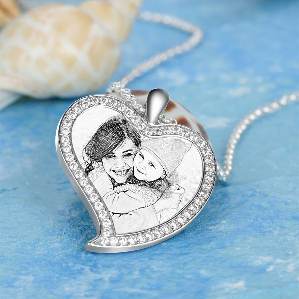Women's Personalized Photo Engraved Necklace, Rhinestone Crystal Love Heart Shape Photo Necklace Platinum Plated Silver - Sketch - yournamencklaceuk