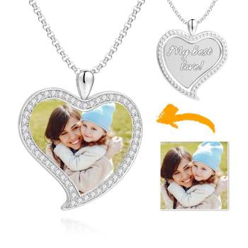 Women's Personalised Rhinestone Crystal Love Heart Shape Photo Engraved Necklace Platinum Plated Silver - Colorful