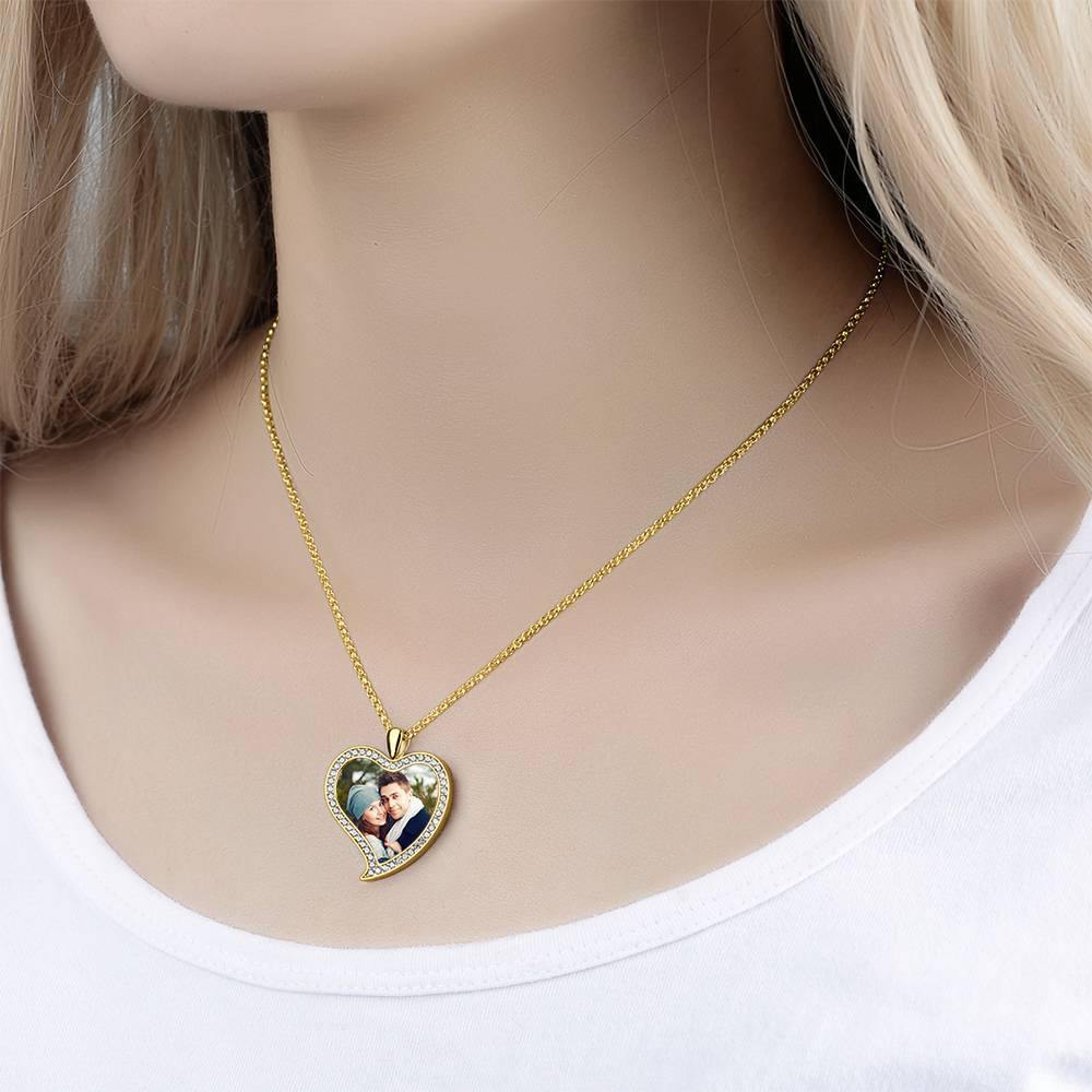 Women's Personalized Photo Engraved Necklace, Rhinestone Crystal Love Heart Shape Photo Necklace 14K Gold Plated Golden - Colorful - yournamencklaceuk