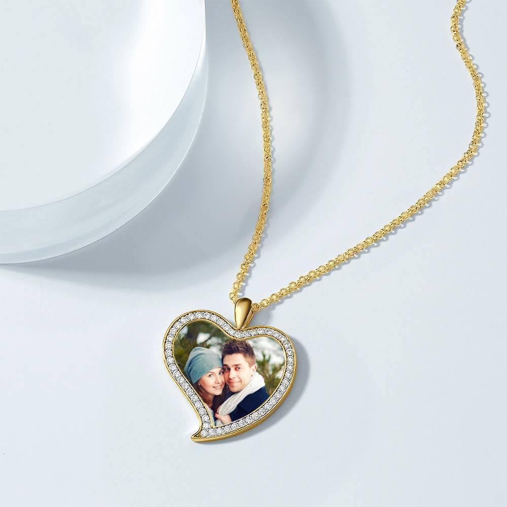 Women's Personalized Photo Engraved Necklace, Rhinestone Crystal Love Heart Shape Photo Necklace 14K Gold Plated Golden - Colorful - yournamencklaceuk