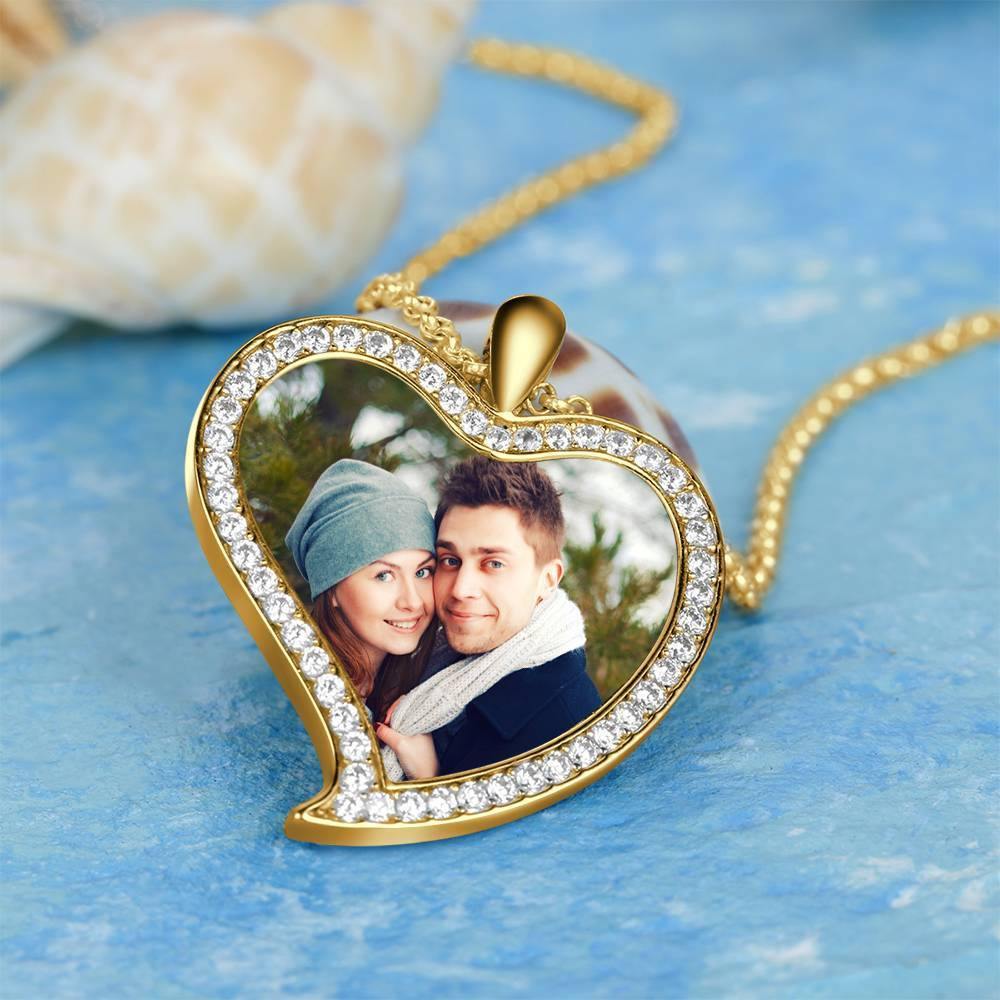 Women's Personalized Photo Engraved Necklace, Rhinestone Crystal Love Heart Shape Photo Necklace 14K Gold Plated Golden - Colorful - yournamencklaceuk