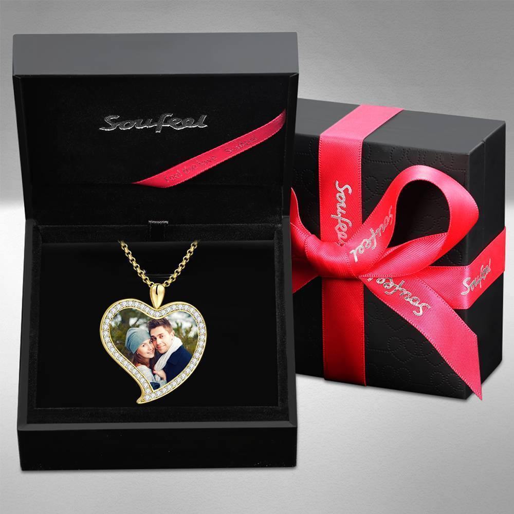 Women's Personalized Photo Engraved Necklace, Rhinestone Crystal Love Heart Shape Photo Necklace 14K Gold Plated Golden - Colorful - yournamencklaceuk