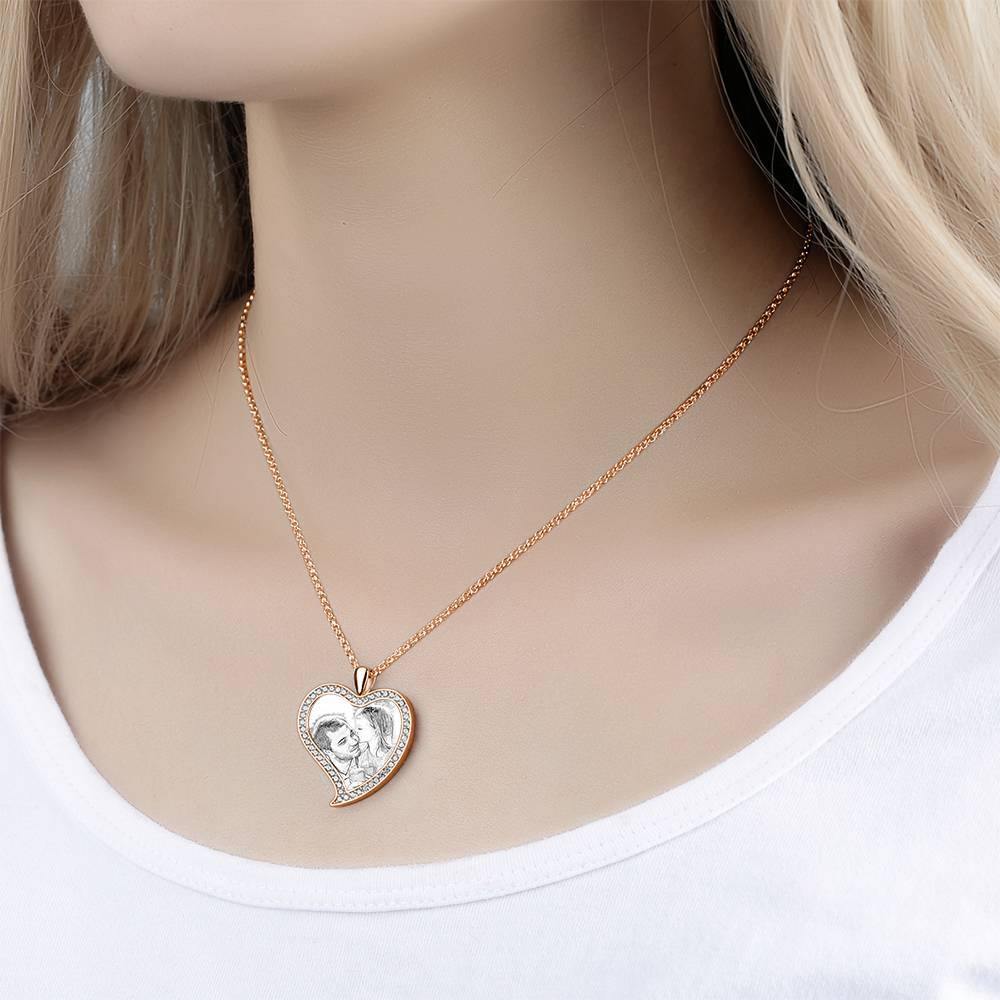 Women's Personalized Photo Engraved Necklace, Rhinestone Crystal Love Heart Shape Photo Necklace Rose Gold Plated - Sketch - yournamencklaceuk