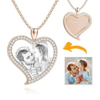 Women's Personalized Photo Engraved Necklace, Rhinestone Crystal Love Heart Shape Photo Necklace Rose Gold Plated - Sketch - yournamencklaceuk
