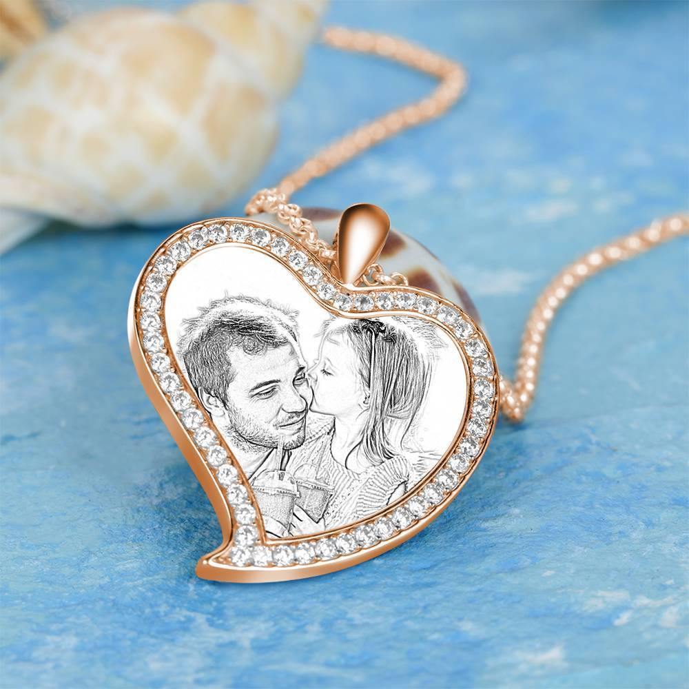 Women's Personalized Photo Engraved Necklace, Rhinestone Crystal Love Heart Shape Photo Necklace Rose Gold Plated - Sketch - yournamencklaceuk