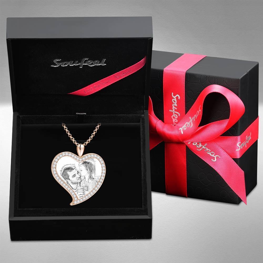 Women's Personalized Photo Engraved Necklace, Rhinestone Crystal Love Heart Shape Photo Necklace Rose Gold Plated - Sketch - yournamencklaceuk