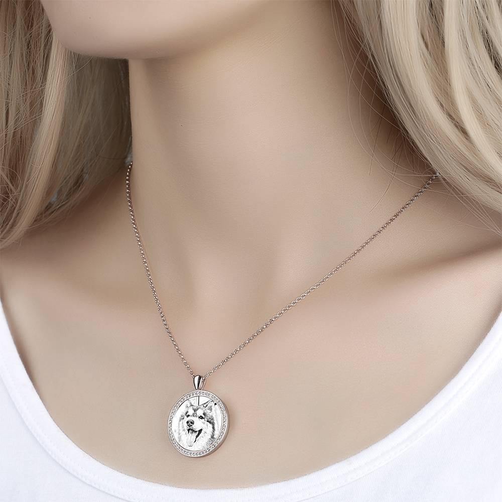 Women's Personalized Photo Engraved Necklace, Rhinestone Crystal Round Shape Photo Necklace Platinum Plated Silver - Sketch - yournamencklaceuk