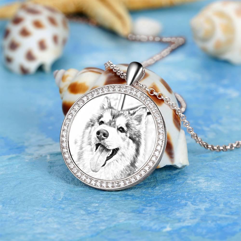 Women's Personalized Photo Engraved Necklace, Rhinestone Crystal Round Shape Photo Necklace Platinum Plated Silver - Sketch - yournamencklaceuk