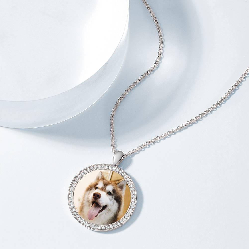 Women's Personalized Photo Engraved Necklace, Rhinestone Crystal Round Shape Photo Necklace Platinum Plated Silver - Colorful - yournamencklaceuk