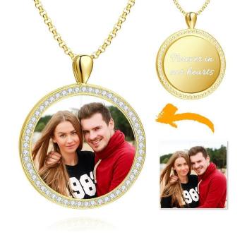 Women's Personalized Photo Engraved Necklace, Rhinestone Crystal Round Shape Photo Necklace 14K Gold Plated Golden - Colorful - yournamencklaceuk