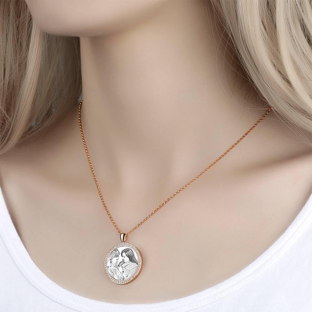 Women's Personalized Photo Engraved Necklace, Rhinestone Crystal Round Shape Photo Necklace Rose Gold Plated - Sketch - yournamencklaceuk