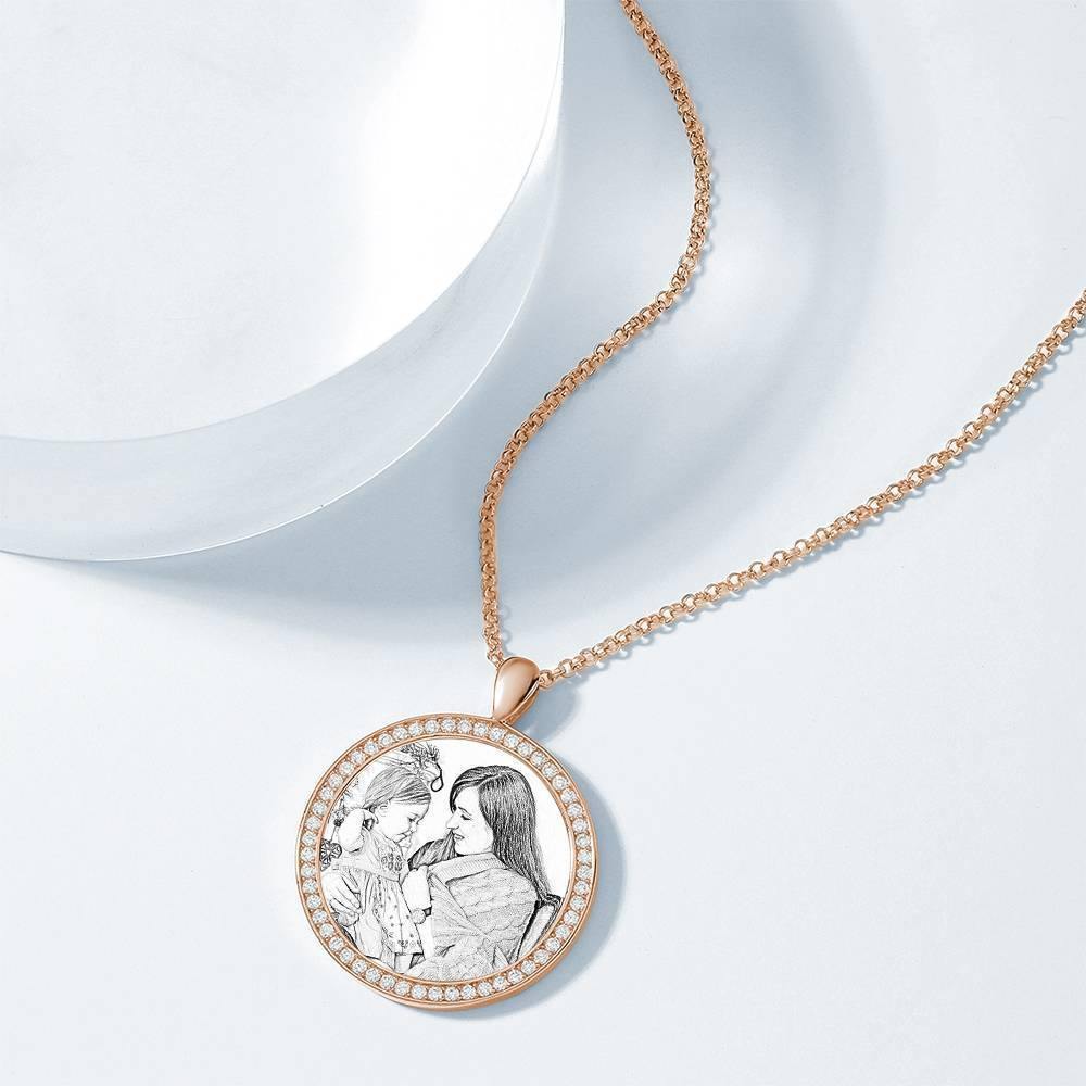 Women's Personalized Photo Engraved Necklace, Rhinestone Crystal Round Shape Photo Necklace Rose Gold Plated - Sketch - yournamencklaceuk