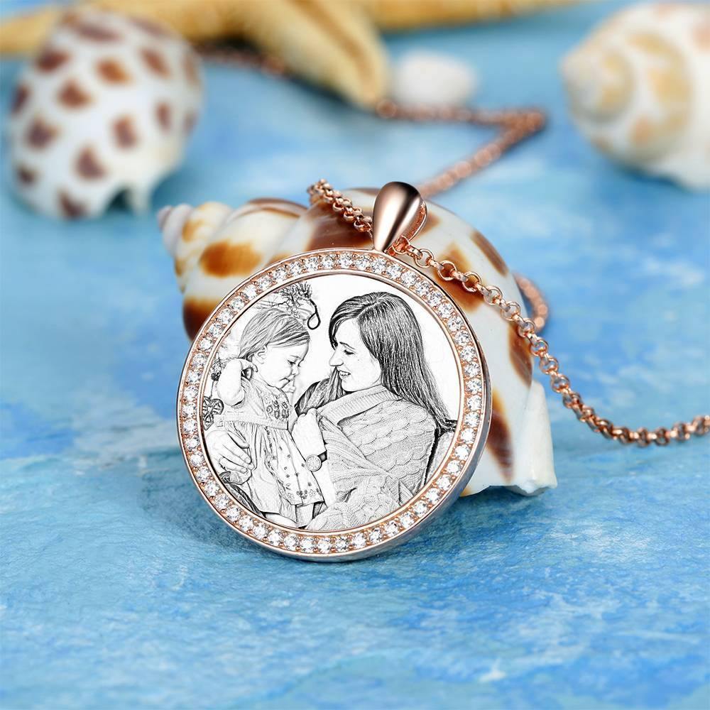 Women's Personalized Photo Engraved Necklace, Rhinestone Crystal Round Shape Photo Necklace Rose Gold Plated - Sketch - yournamencklaceuk