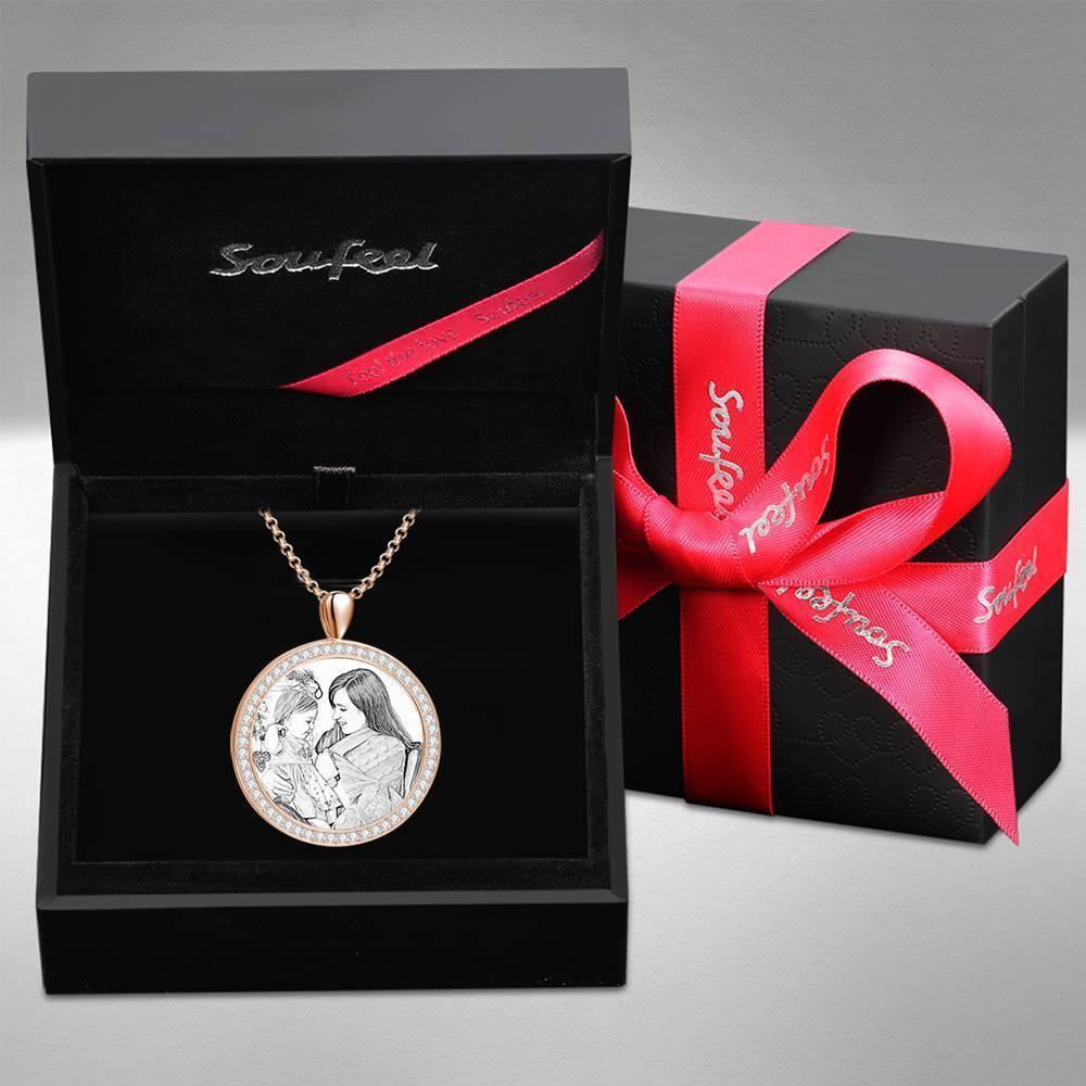 Women's Personalized Photo Engraved Necklace, Rhinestone Crystal Round Shape Photo Necklace Rose Gold Plated - Sketch - yournamencklaceuk