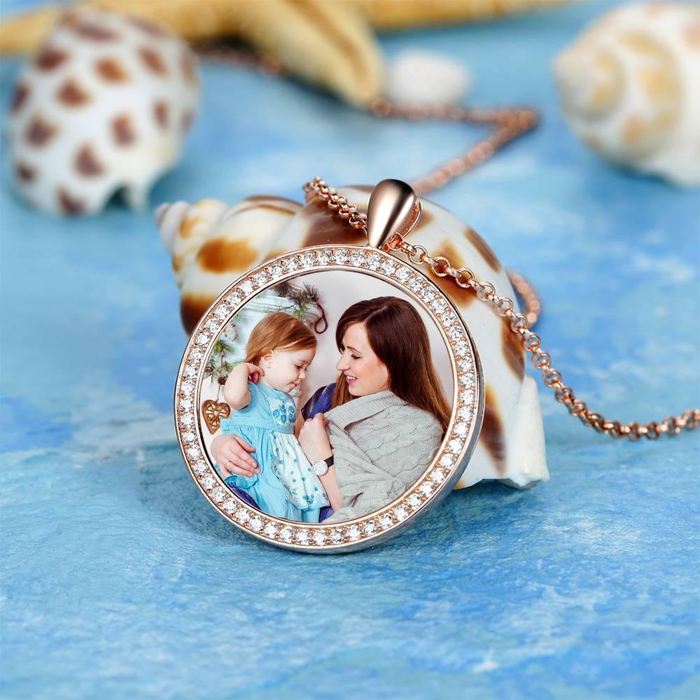 Women's Personalized Photo Engraved Necklace, Rhinestone Crystal Round Shape Photo Necklace Rose Gold Plated - Colorful - yournamencklaceuk