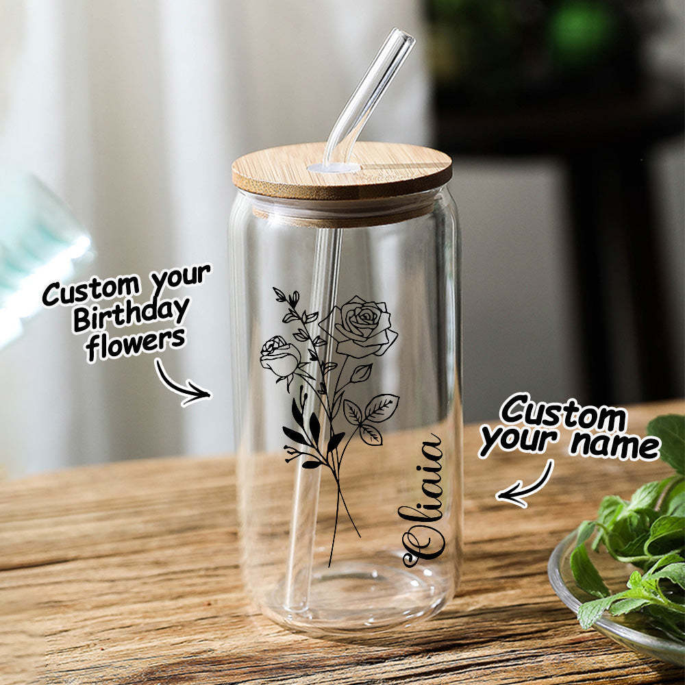 Personalized Name Can Glass with Birth Flower Custom Can Glass with Straw Gift for Mother Friends Family Bridesmaid - yournamenecklaceuk