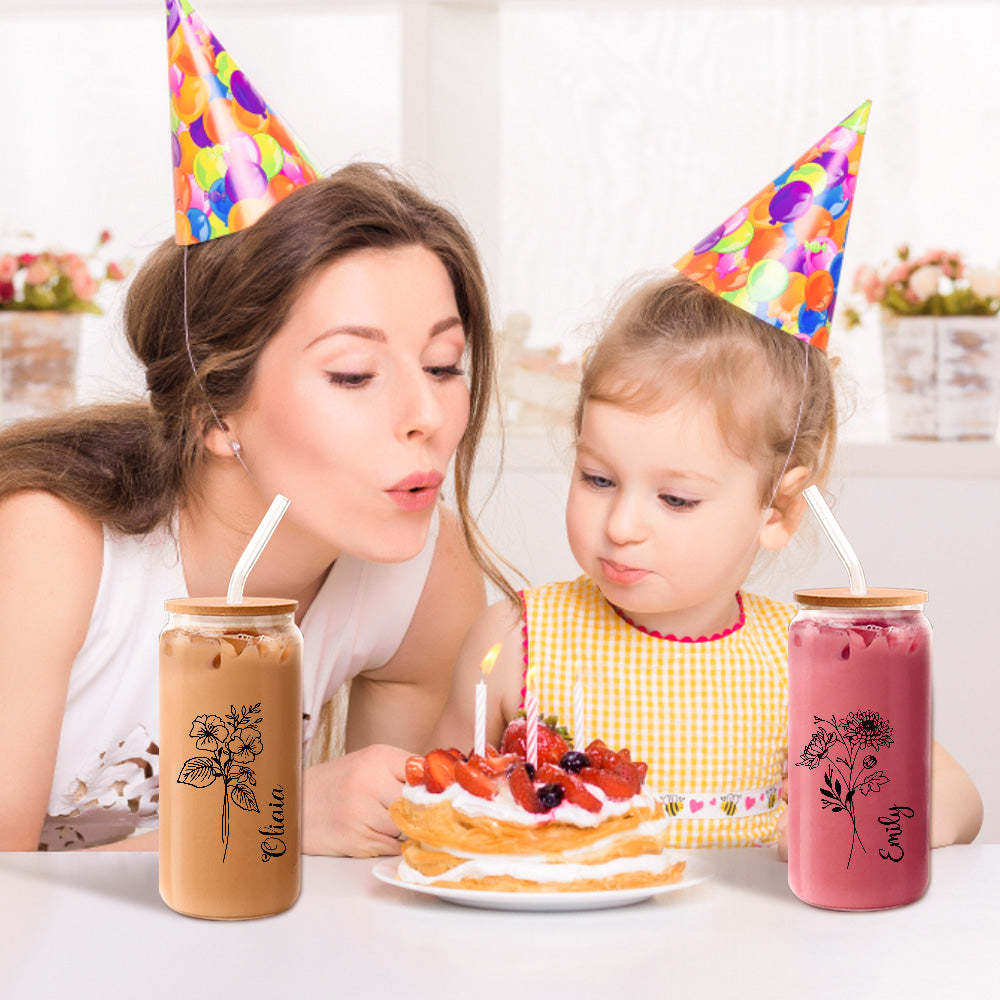 Personalized Name Can Glass with Birth Flower Custom Can Glass with Straw Gift for Mother Friends Family Bridesmaid - yournamenecklaceuk