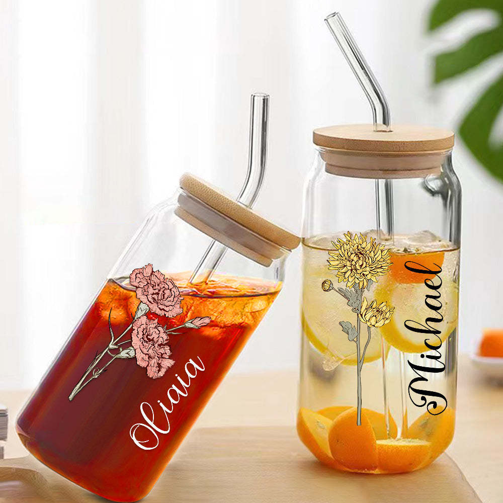 Personalized Name Can Glass with Colorful Birth Flower Custom Can Glass with Straw Gift for Mother Friends Family Bridesmaid - yournamenecklaceuk