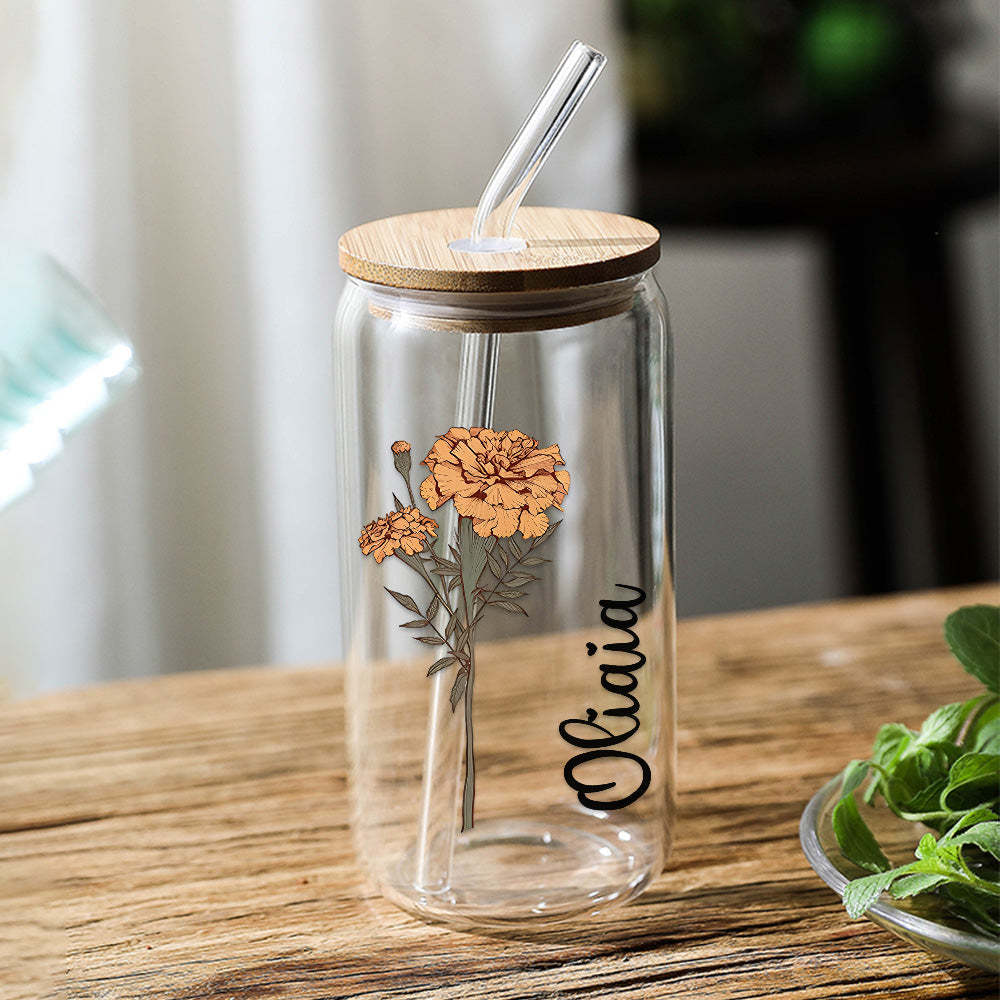 Personalized Name Can Glass with Colorful Birth Flower Custom Can Glass with Straw Gift for Mother Friends Family Bridesmaid - yournamenecklaceuk