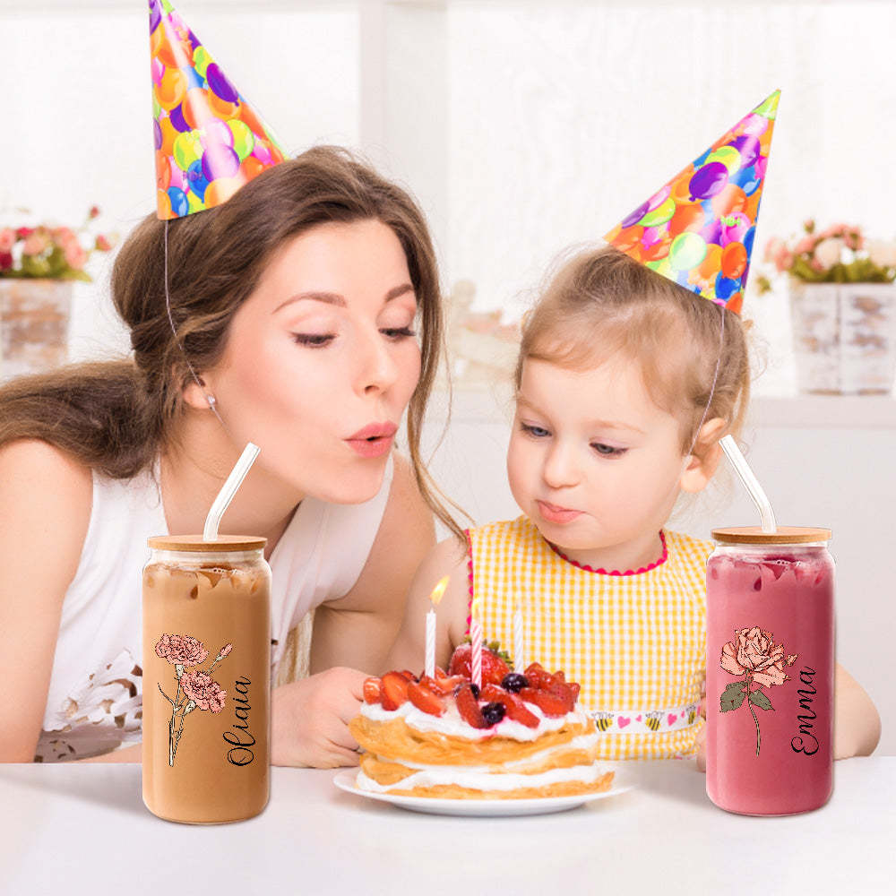 Personalized Name Can Glass with Colorful Birth Flower Custom Can Glass with Straw Gift for Mother Friends Family Bridesmaid - yournamenecklaceuk