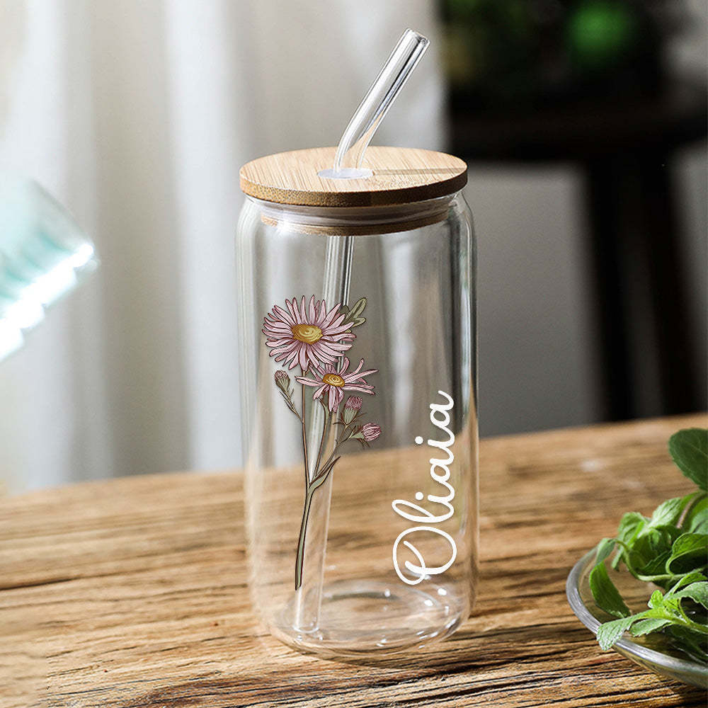 Personalized Name Can Glass with Colorful Birth Flower Custom Can Glass with Straw Gift for Mother Friends Family Bridesmaid - yournamenecklaceuk