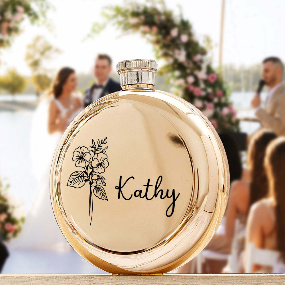 Personalized Name Flask with Birth Flower Custom Flask Gift for Bridesmaid Bachelorette Friends - yournamenecklaceuk