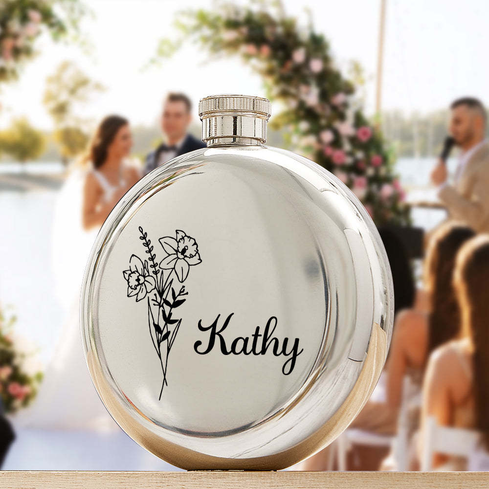 Personalized Name Flask with Birth Flower Custom Flask Gift for Bridesmaid Bachelorette Friends - yournamenecklaceuk