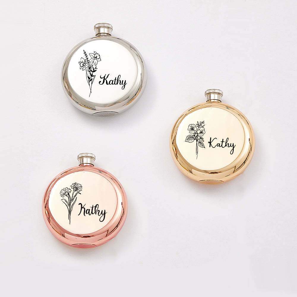 Personalized Name Flask with Birth Flower Custom Flask Gift for Bridesmaid Bachelorette Friends - yournamenecklaceuk