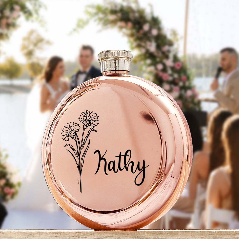 Personalized Name Flask with Birth Flower Custom Flask Gift for Bridesmaid Bachelorette Friends - yournamenecklaceuk