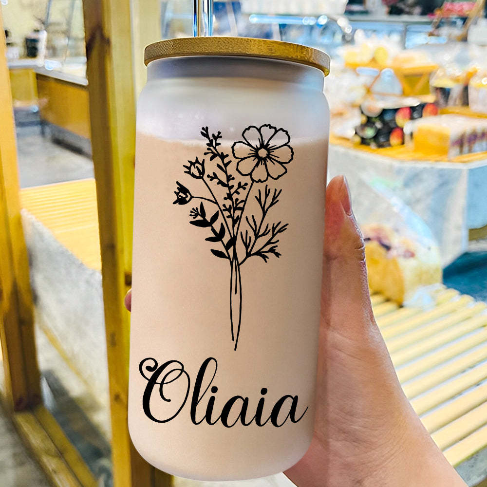 Personalized Name Frosted Can Glass with Birth Flower Custom Can Glass with Straw Gift for Mother Friends Family Bridesmaid - yournamenecklaceuk