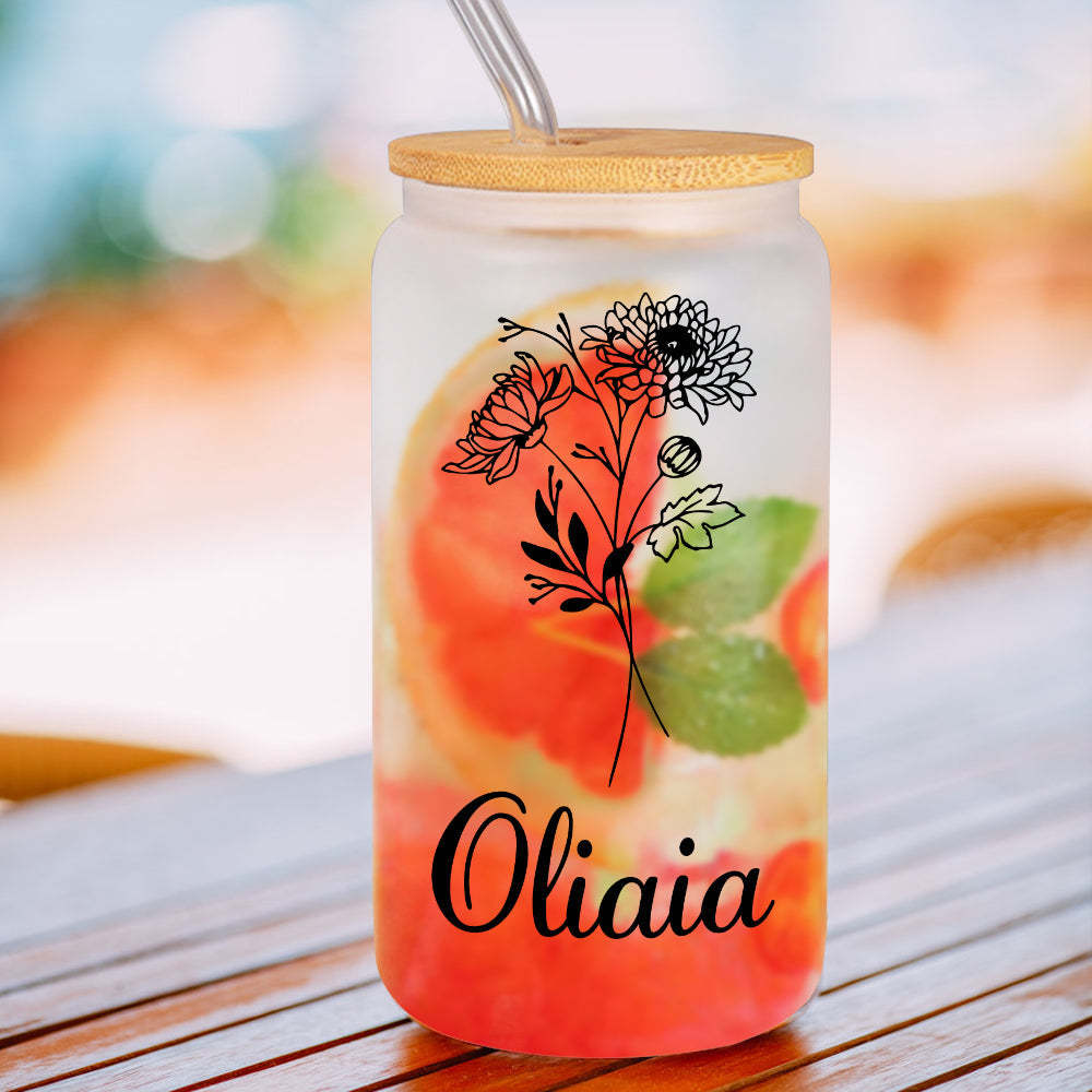 Personalized Name Frosted Can Glass with Birth Flower Custom Can Glass with Straw Gift for Mother Friends Family Bridesmaid - yournamenecklaceuk