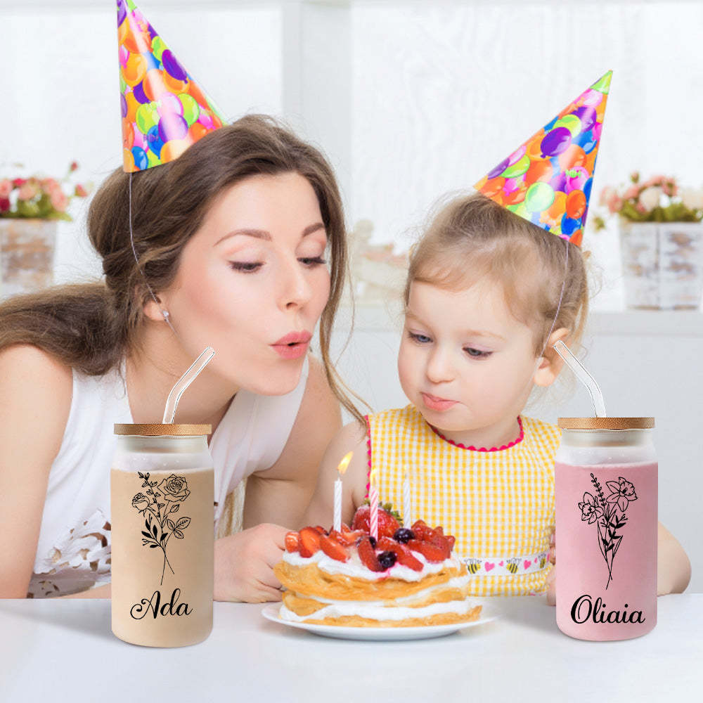 Personalized Name Frosted Can Glass with Birth Flower Custom Can Glass with Straw Gift for Mother Friends Family Bridesmaid - yournamenecklaceuk