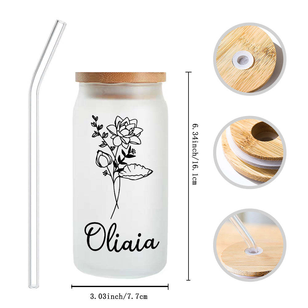 Personalized Name Frosted Can Glass with Birth Flower Custom Can Glass with Straw Gift for Mother Friends Family Bridesmaid - yournamenecklaceuk
