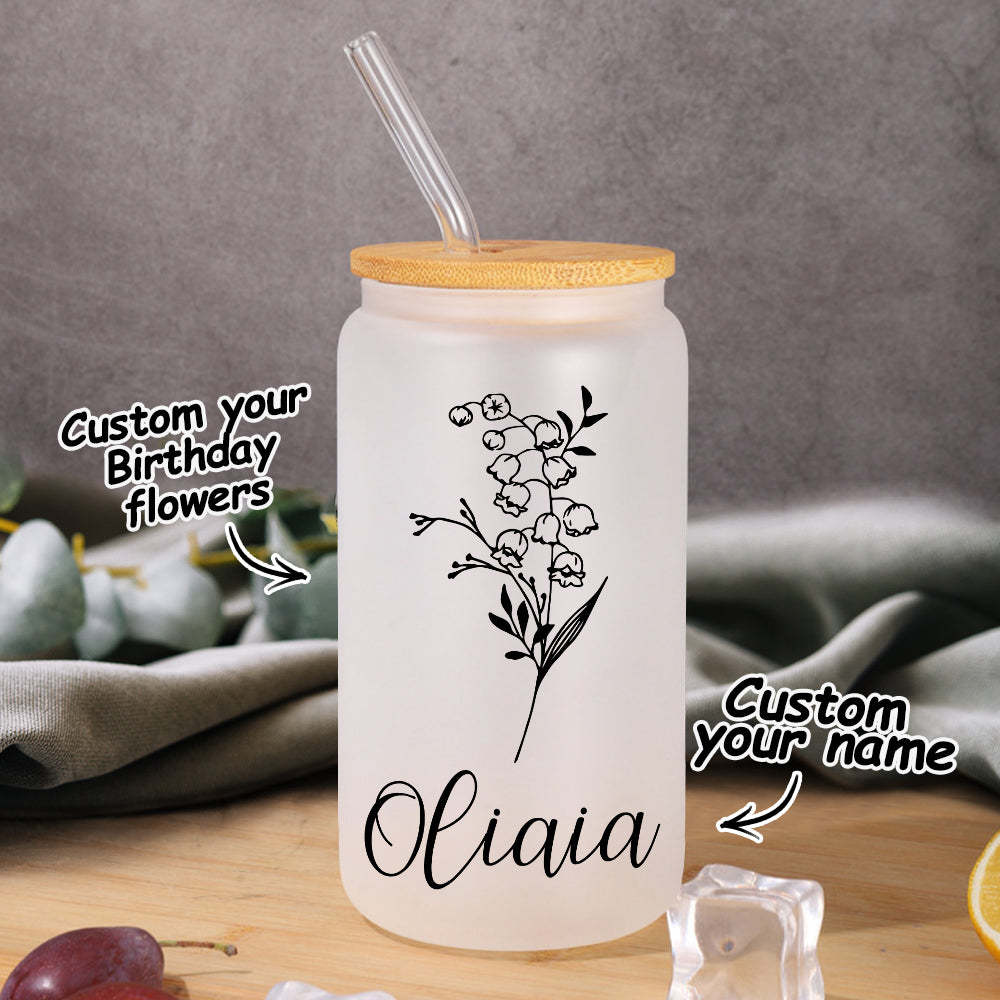Personalized Name Frosted Can Glass with Birth Flower Custom Can Glass with Straw Gift for Mother Friends Family Bridesmaid - yournamenecklaceuk