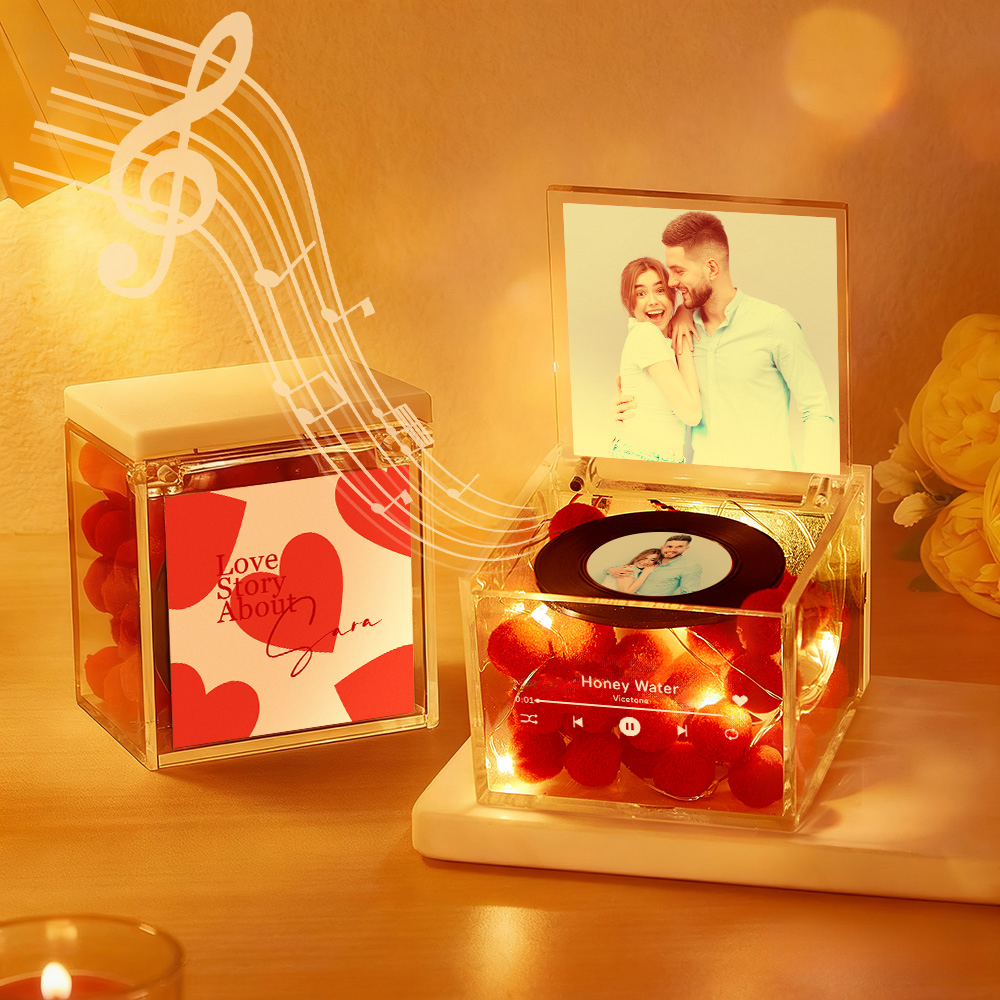 Premium Mini Music Record Auto-Music Player Custom Photo with Light Personalized Music Acrylic Box -  NameNecklaceUK