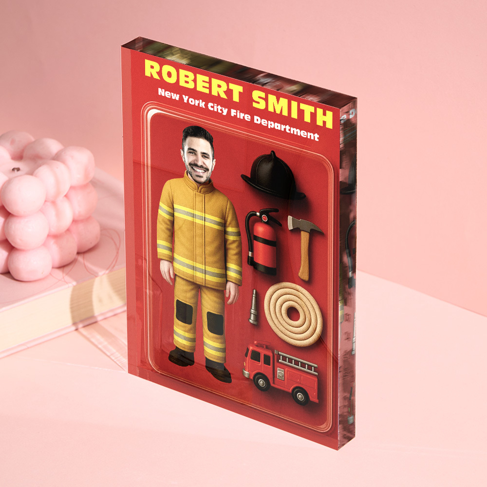 Personalized 3D Effect Firefighter Action Figure Pack Packaging Custom Acrylic Block Plaque Gift For Firefighters